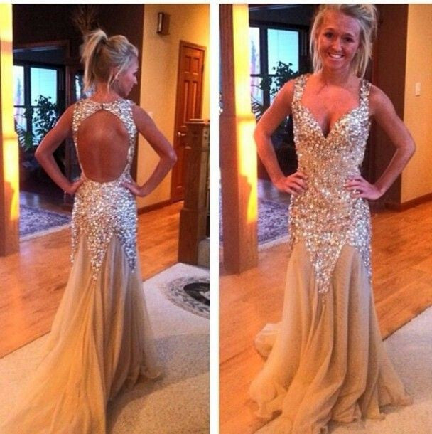 Golden Mermaid Open Back Shinning Evening Party Prom Dresses, BG51034 - Bubble Gown
