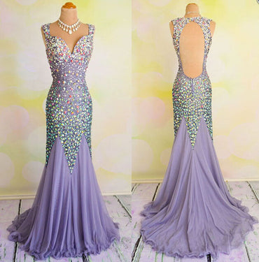 Gorgeous Heavy Beaded Shinning Mermaid Open Back Long Prom Dresses, BG51103 - Bubble Gown