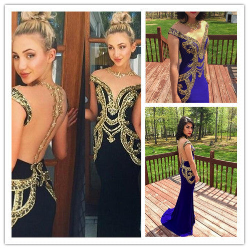 Unique See Through Back Black Gold Cap Sleeve Long Prom Dresses, BG51034