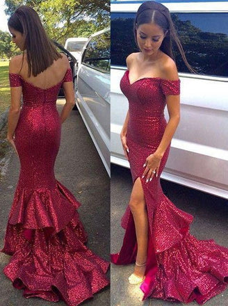 Off Shoulder Sequin Mermaid Side Slit Cheap Long Prom Dresses, BG51214
