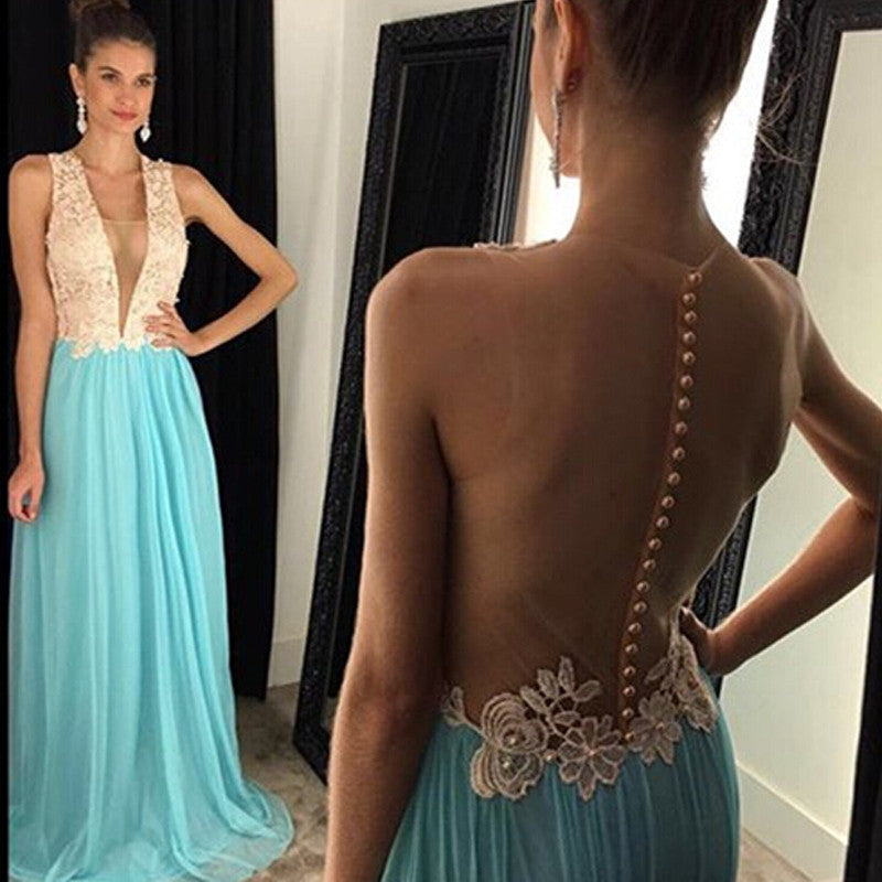 Blue See Through Deep V Neck Sexy Long Prom Dresses, BG51185 - Bubble Gown