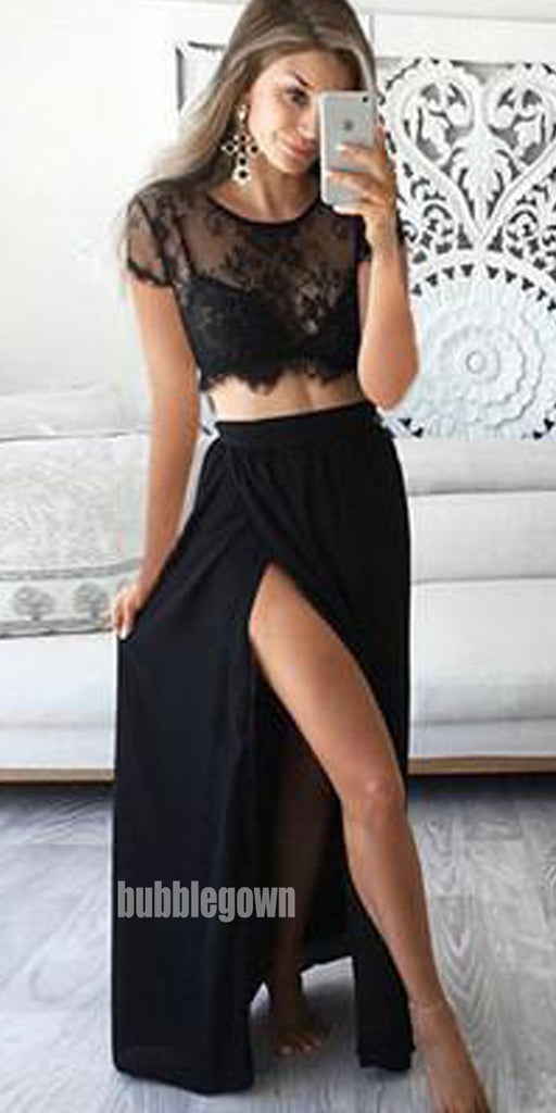 Two Pieces Short Sleeve Sexy Side Slit Black Lace Long Prom Dresses, BG51024