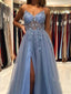 Cheap Blue Applique Tulle Long Prom Dresses BG7002