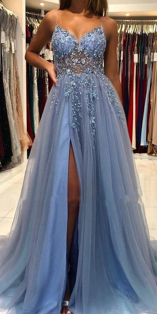 Cheap Blue Applique Tulle Long Prom Dresses BG7002
