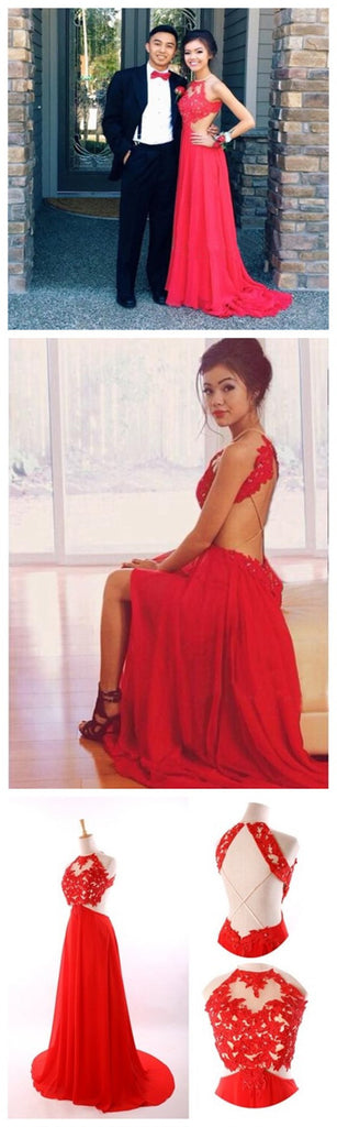 Cheap Long Red Sexy Lace Backless Evening Prom dresses, BG51134 - Bubble Gown