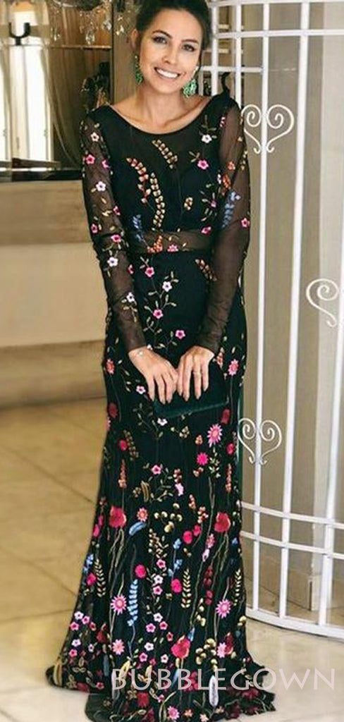 Black Long Sleeves V Back Gorgeous Embroidery Long Evening Prom Dress, BGP047