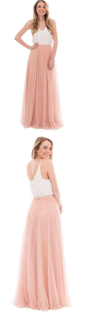 Cheap Junior Scoop Neck White Blush Pink Tulle Long Bridesmaid Dresses, BG51344 - Bubble Gown