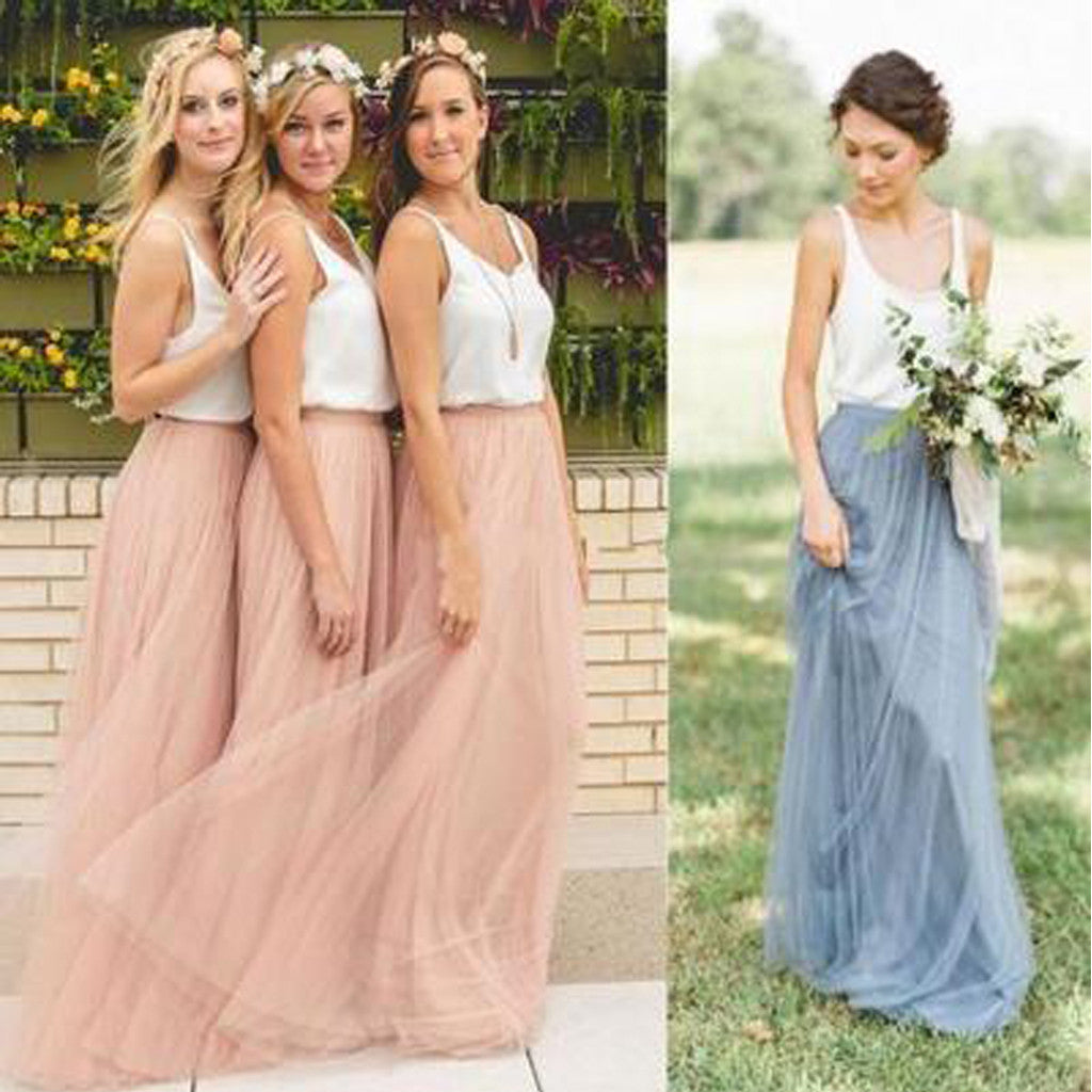 Cheap Junior Scoop Neck White Blush Pink Tulle Long Bridesmaid Dresses, BG51344 - Bubble Gown