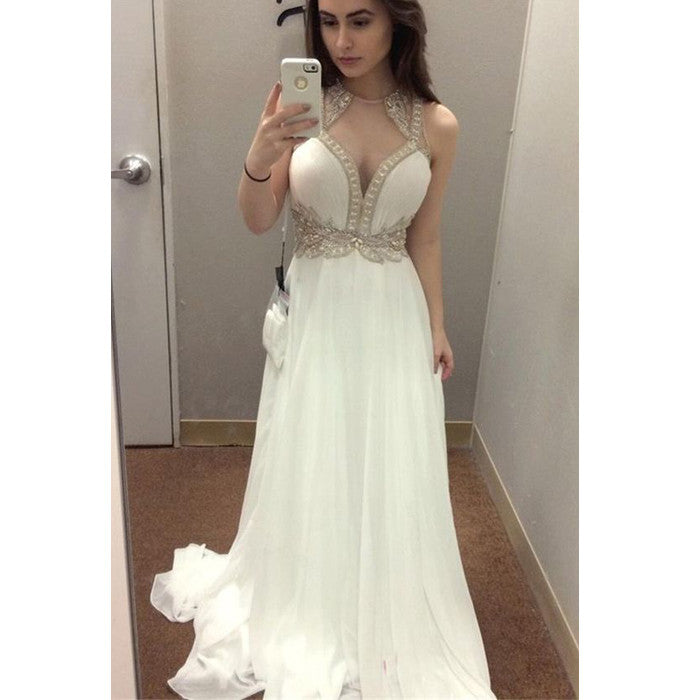 White Charming Chiffon Formal Inexpensive Long Prom Dresses, BG51530