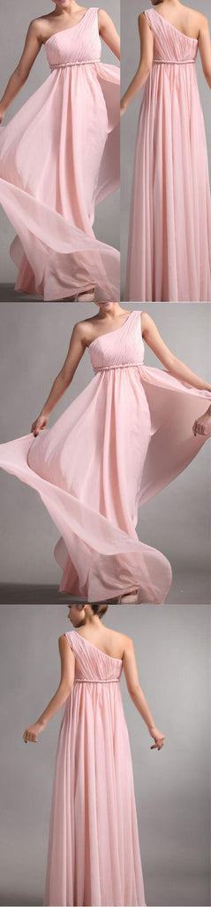 One Shoulder Pink Chiffon Cheap Long Wedding Bridesmaid Dresses, BG51347