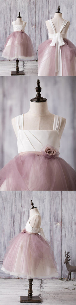 Newest Arrival Strap White Top Dusty Rose Tulle Cute Flower Girl Dresses, FG012