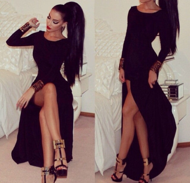 Simple Black Side Slit Long Sleeves Cheap Long Prom Dress, BG51216
