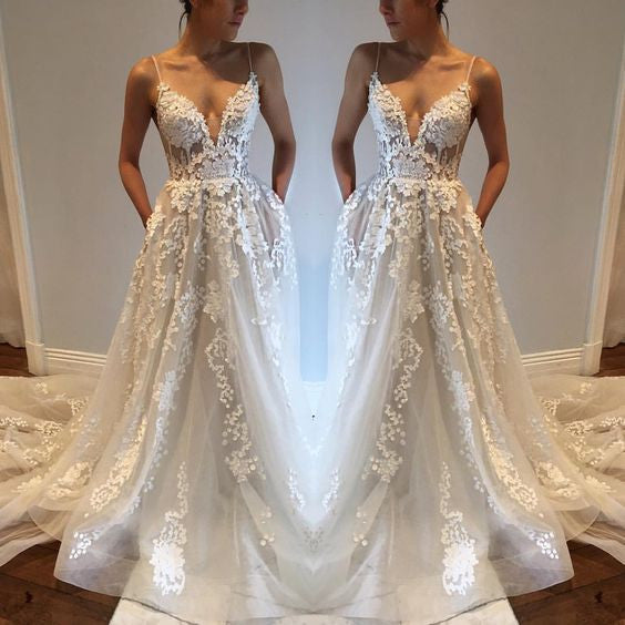 Applique Sexy Online V Neck Ivory Fashion Long Prom Wedding Dresses, BG51501 - Bubble Gown