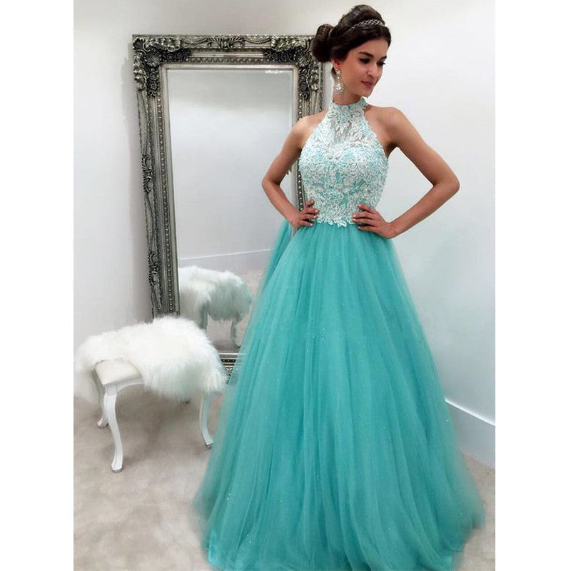 Blue Lace Top Tulle Halter Cheap Ball Gown Long Prom Dress, BG51503 - Bubble Gown