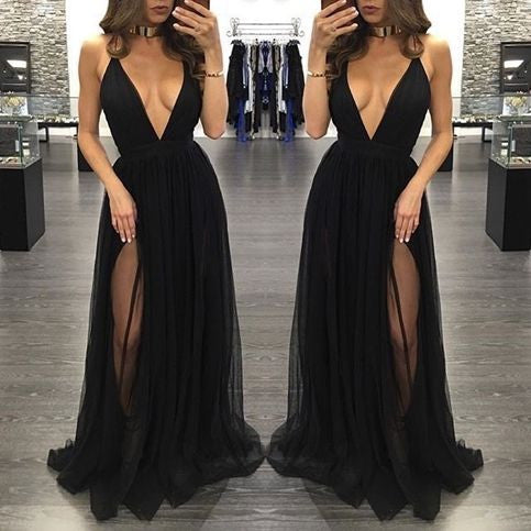 Black Deep V Neck Sexy Simple Side Split Long Party Prom Dresses, BG51514 - Bubble Gown