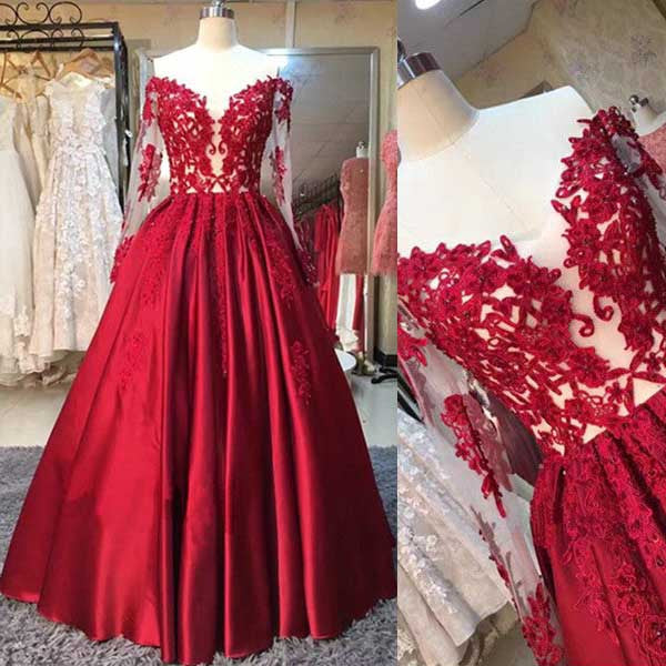 Red Long Sleeves Off the Shoulder Long 2017 Prom Dress Ball Gown, BG51515