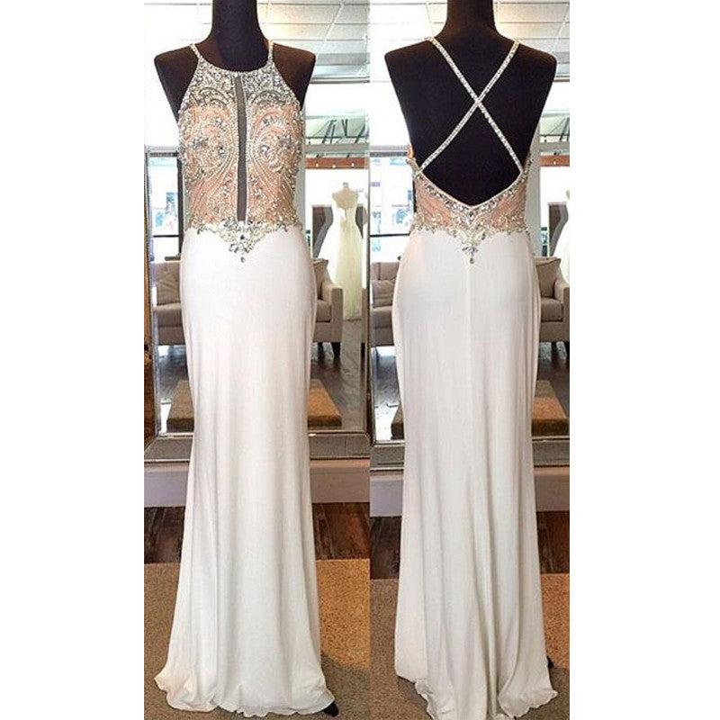 Popular Ivory Beaded Top Cross Open Back Sexy Long Prom Dresses, BG51535