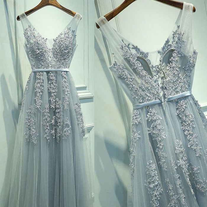 Popular Charming Applique Tulle Long Cheap Prom Dresses, BG51541