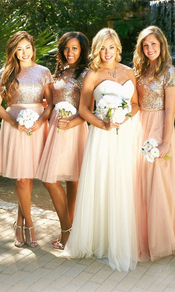 2 Pieces Short Sleeves Seuin Top Long/Short Tulle Wedding Bridesmaid Dresses, BG51559 - Bubble Gown