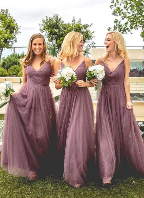 Tulle V Neck Affordable Floor Length Bridesmaid Dresses, BG51561