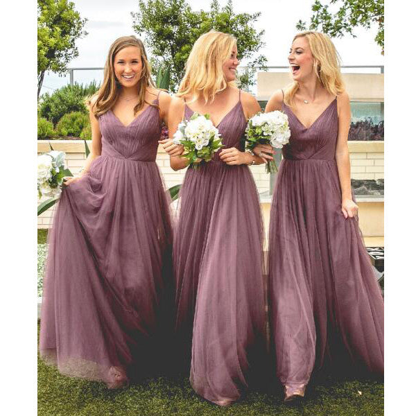 Tulle V Neck Affordable Floor Length Bridesmaid Dresses, BG51561
