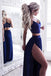 Two Pieces Royal Blue Side Slit Sexy Cheap Long Prom Dresses, BG51565