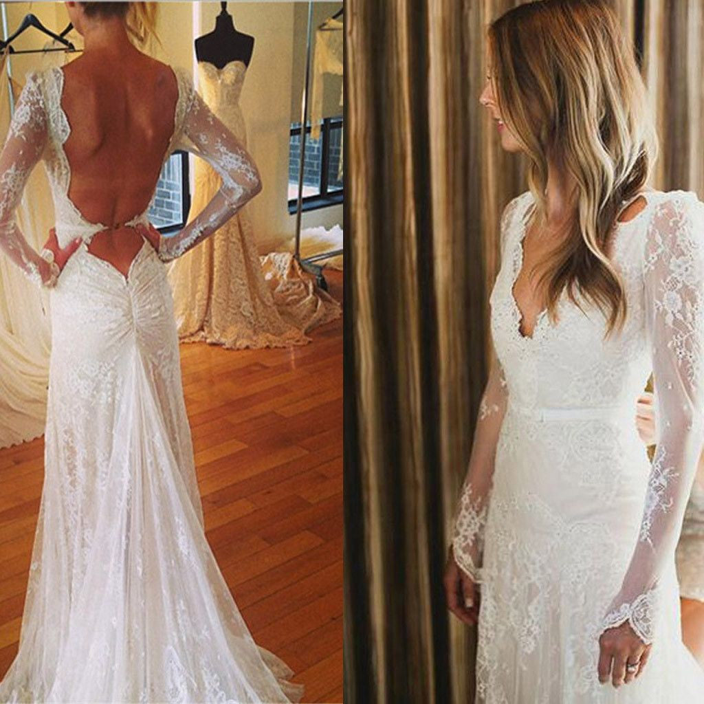 Backless Long Sleeves Lace Sexy Mermaid Long Wedding Dress, BG51582 - Bubble Gown