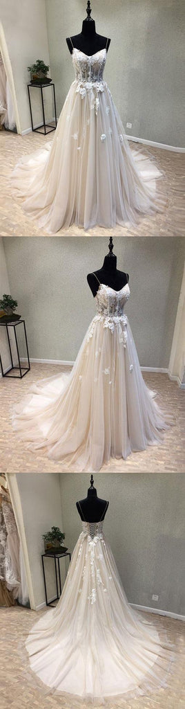 Spaghetti Strap Elegant Tulle Applique Lace Up Back Long Prom Dresses, BG51630