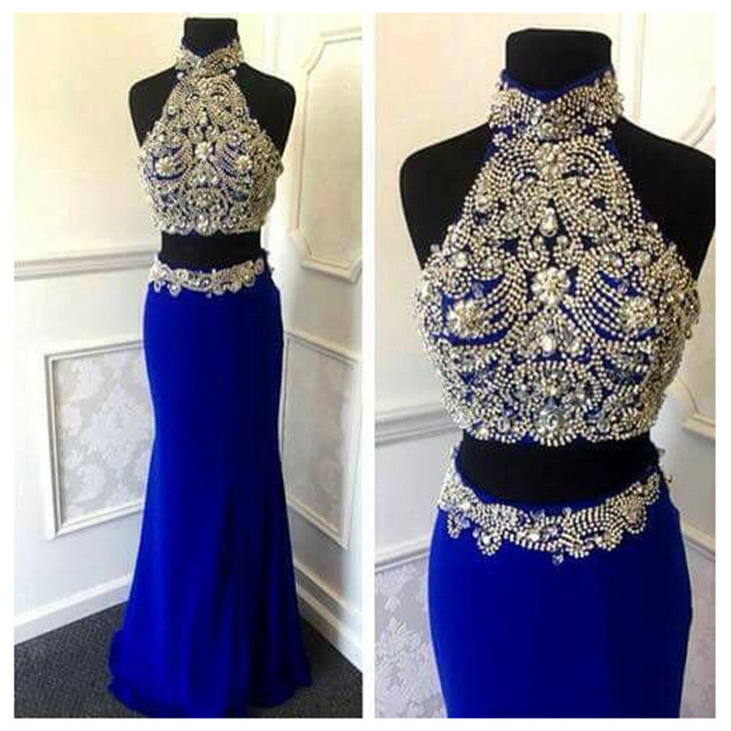 Two Pieces Royal Blue High Neck Sexy Long Prom Dress, BG51003