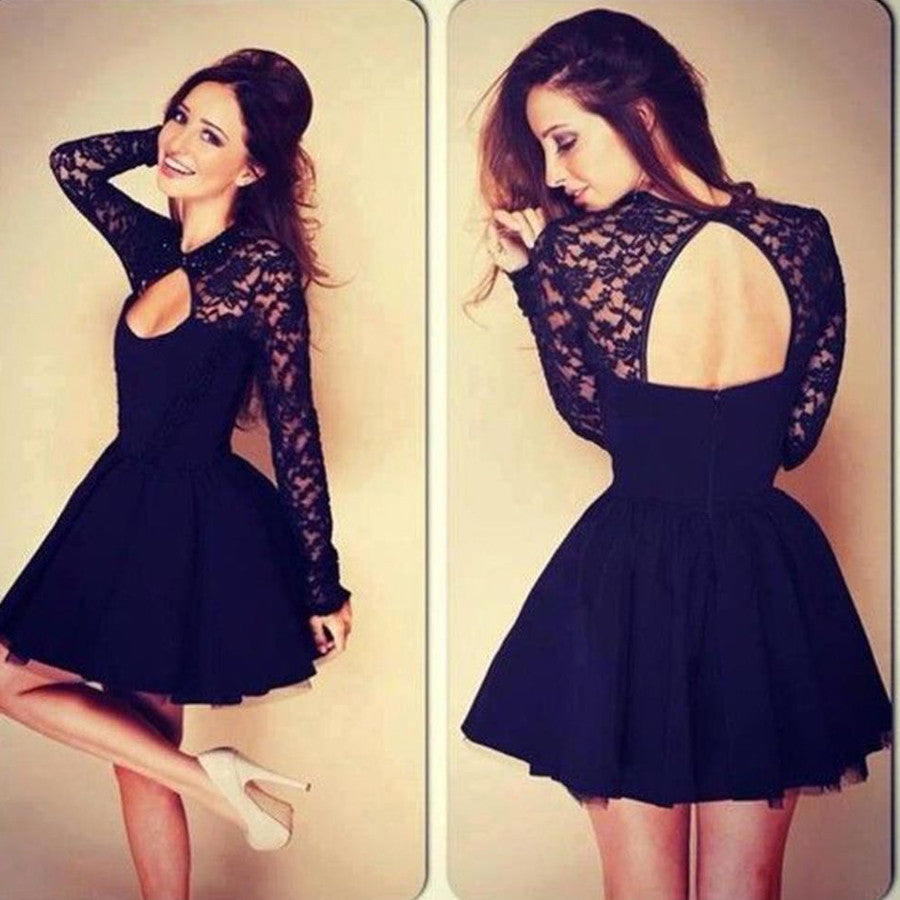 Long Sleeve Black Sexy Unique Lace Homecoming Dresses, BG51467 - Bubble Gown