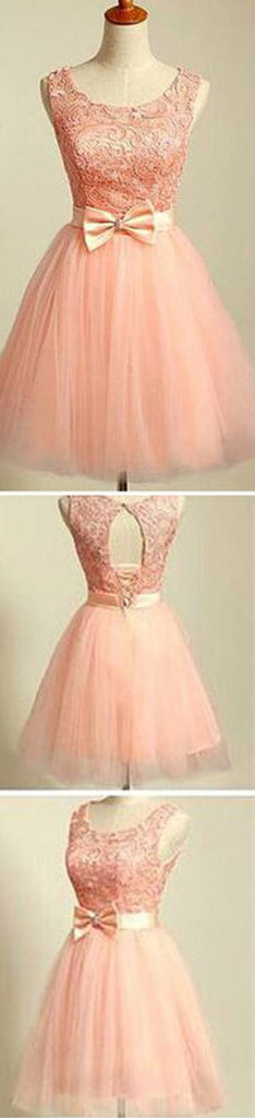 Peach Lace Top Tulle Open Back Graduation Homecoming Dresses, BG51410