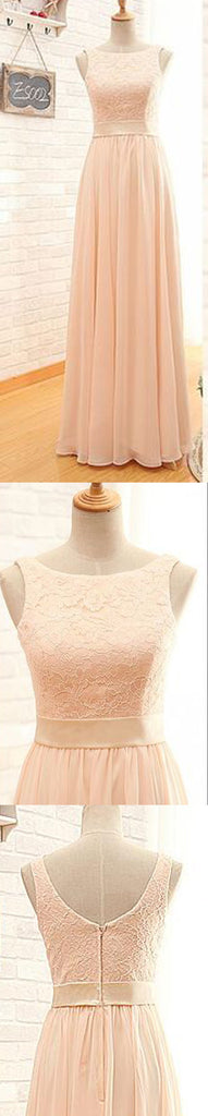 Bateau Lace Top Blush Pink Zipper Back Maxi Bridesmaid Dresses, BG51281 - Bubble Gown
