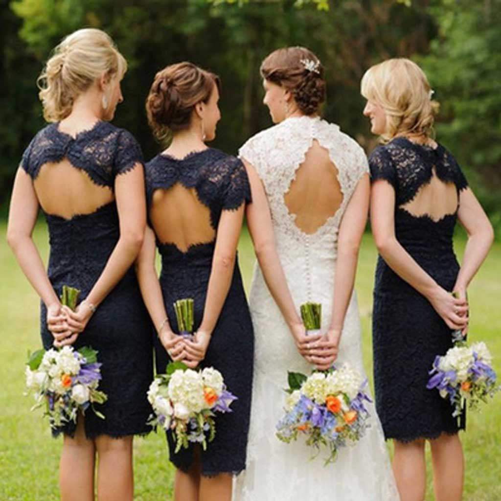 Elegant Lace Navy Blue Open Back Knee-Length Cap Sleeve Bridesmaid Dresses, BG51068 - Bubble Gown