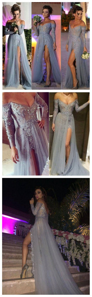 Long V-neck Side Slit Sexy Long Sleeves Lace Prom Dresses, BG51132