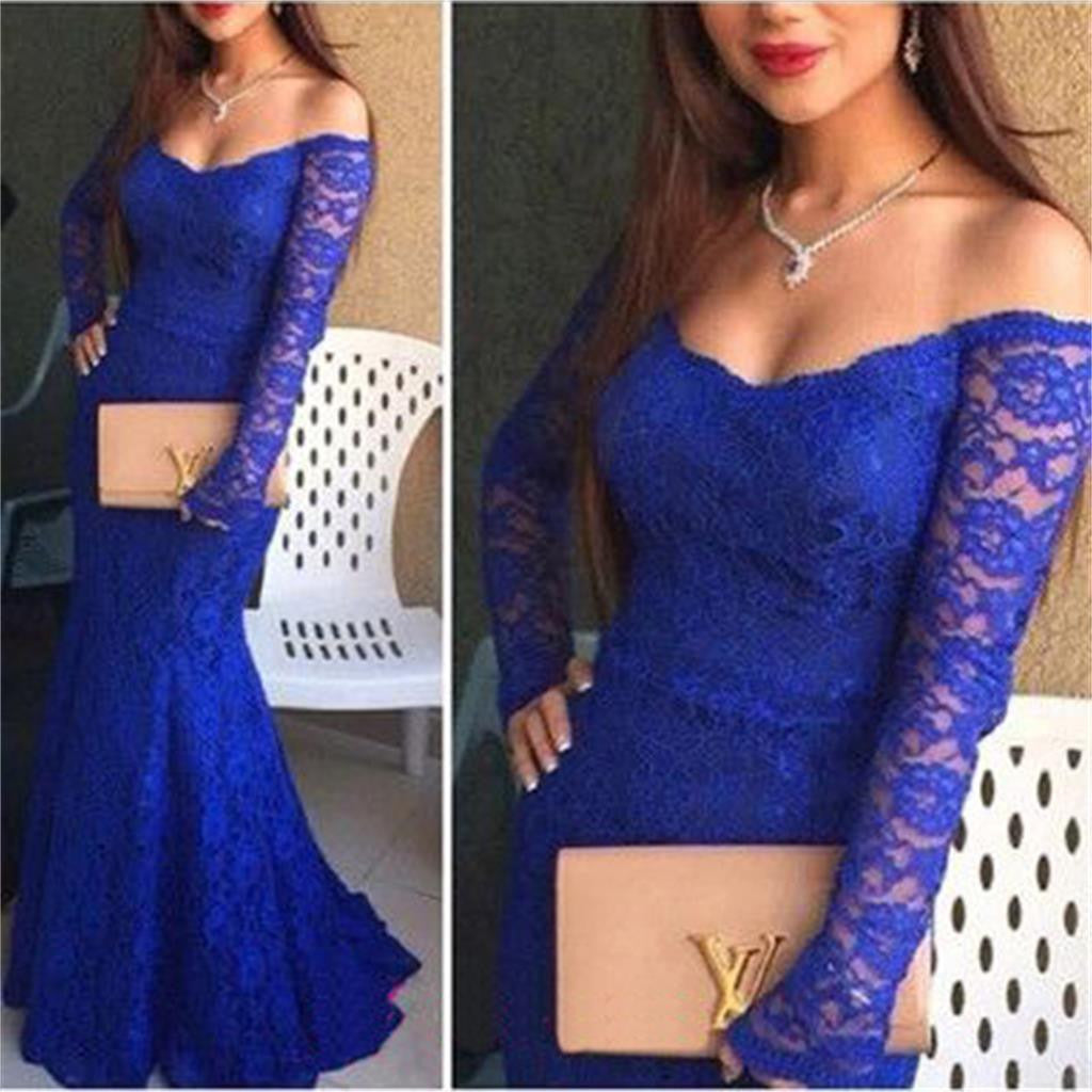 Long Royal Blue Sexy Long Sleeve Lace Prom Dresses, BG51184 - Bubble Gown