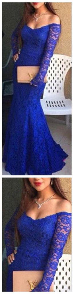 Long Royal Blue Sexy Long Sleeve Lace Prom Dresses, BG51184 - Bubble Gown