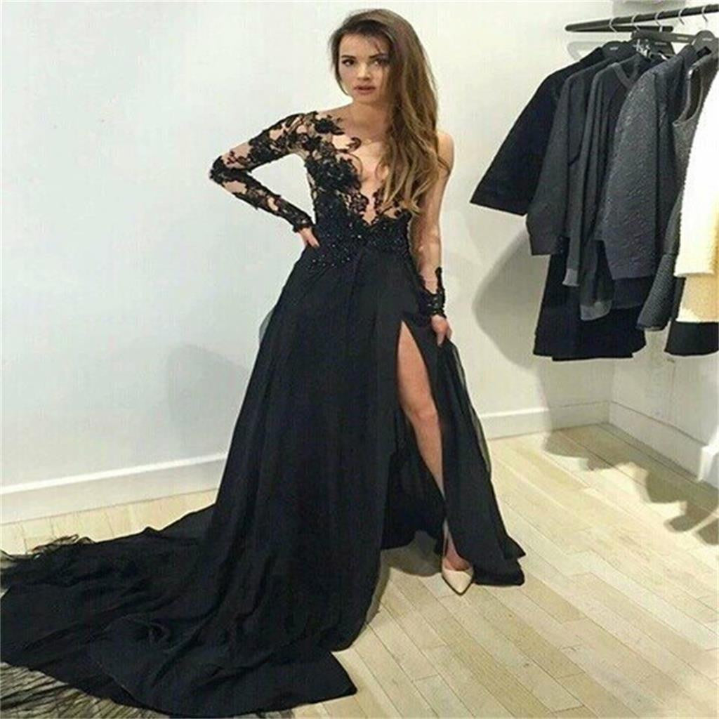 Long Side Split Sexy Long Sleeves Black Lace Prom Dresses, BG51133 - Bubble Gown