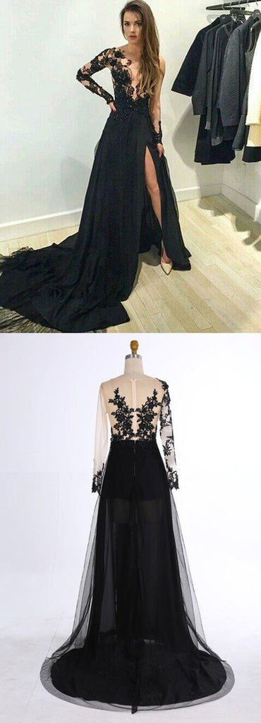 Long Side Split Sexy Long Sleeves Black Lace Prom Dresses, BG51133 - Bubble Gown