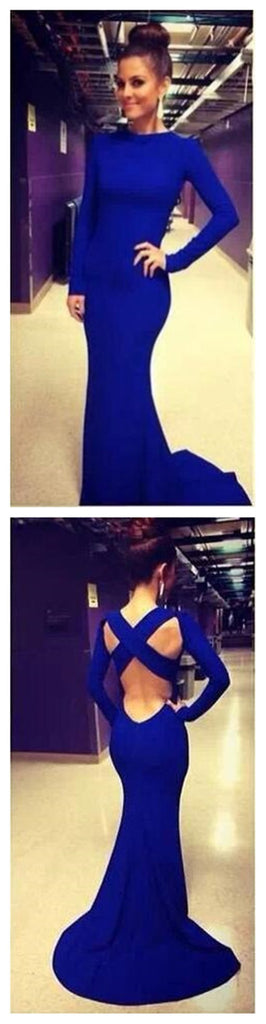 Cross Back Mermaid Long Sleeves Royal Blue Long Prom Dress, BG51124 - Bubble Gown