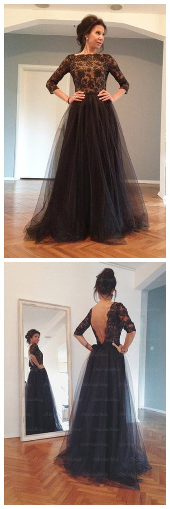 Elegant Black Long Sleeves Deep V Back Long Prom Dresses, BG51088 - Bubble Gown