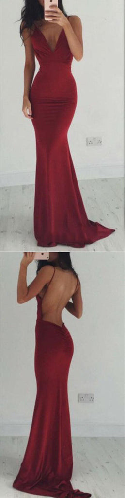 Backless Sexy Burgundy V-neck Mermaid Evening Long Prom Dresses, BG51010 - Bubble Gown