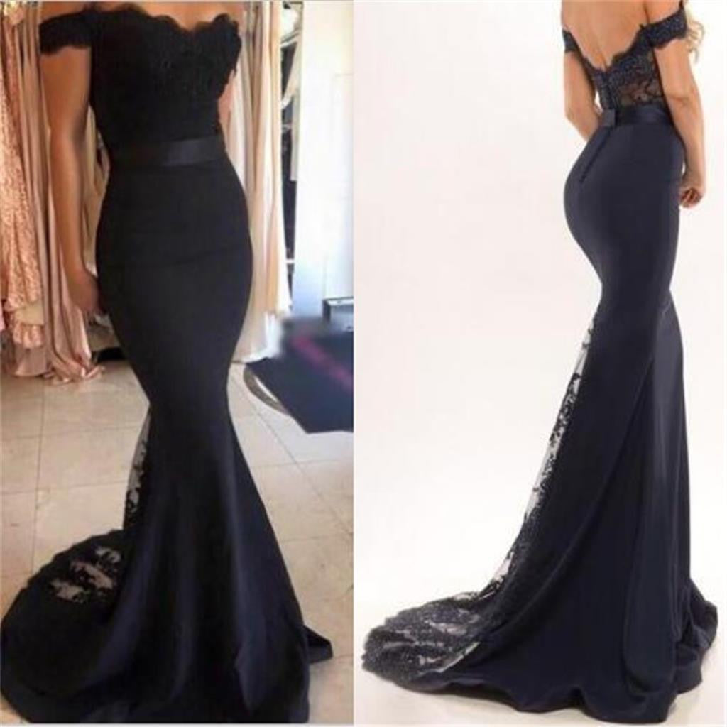 Black Off Shoulder Mermaid Long Bridesmaid Prom Dresses, BG51170 - Bubble Gown