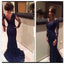 Elegant Navy V-neck Mermaid Long Sleeves Lace Prom Dresses, BG51152 - Bubble Gown