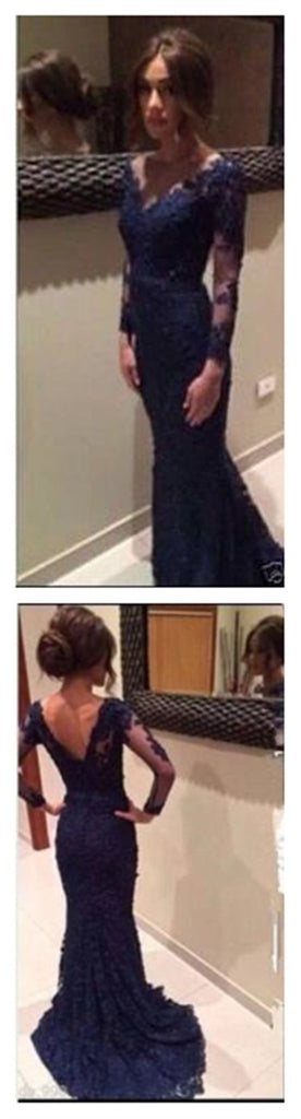 Elegant Navy V-neck Mermaid Long Sleeves Lace Prom Dresses, BG51152 - Bubble Gown
