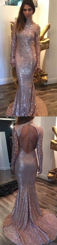 Long Sleeves Sequin High Neck Backless Mermaid Long Prom Dress, BG51117 - Bubble Gown