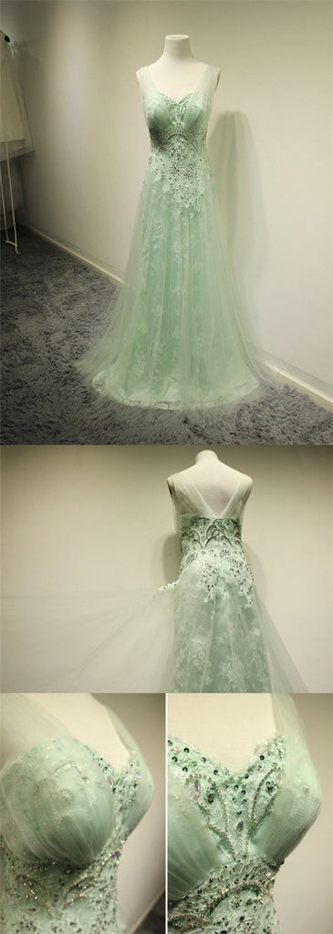 Green A line Cheap Evening Long Lace Prom Dress, BG51224 - Bubble Gown