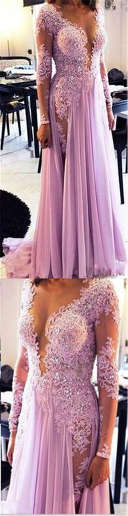 Long Sleeves See Through Deep V Neck Split Long Lace Prom Dresses, BG51116 - Bubble Gown