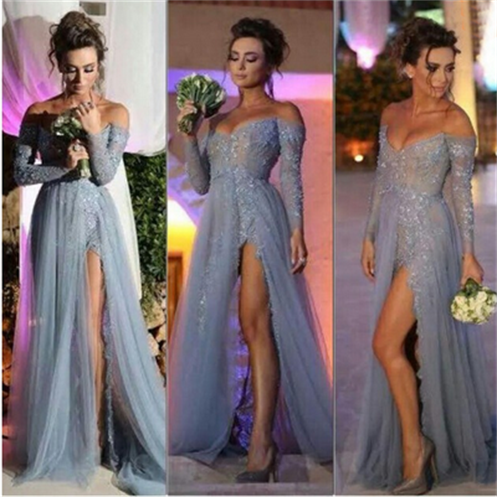 Long V-neck Side Slit Sexy Long Sleeves Lace Prom Dresses, BG51132