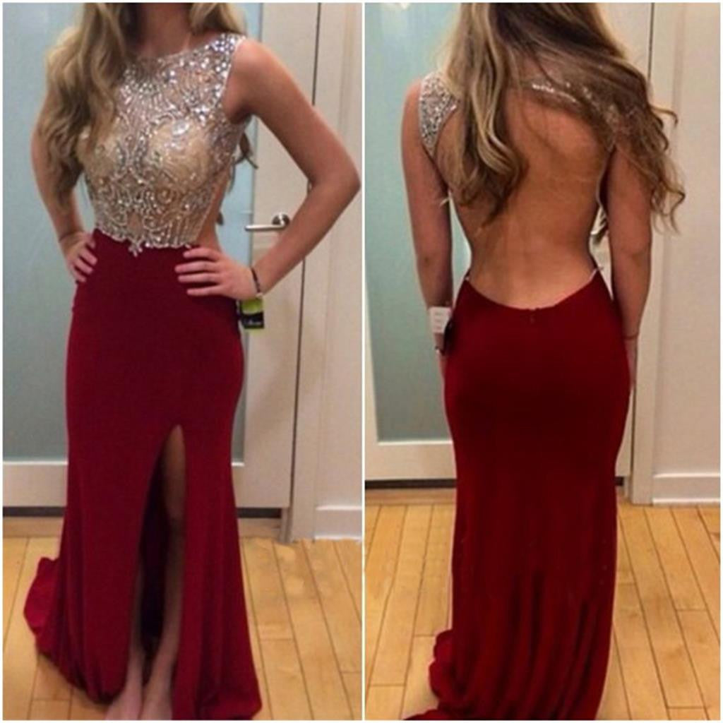 Burgundy Sexy Mermaid Inexpensive Long Backless Side Slit Prom Dress, BG51091 - Bubble Gown