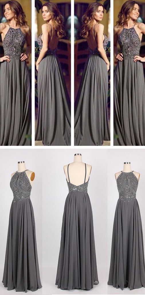 Long Gray Cheap Open Back Sexy Women Evening Prom Dresses, BG51131 - Bubble Gown